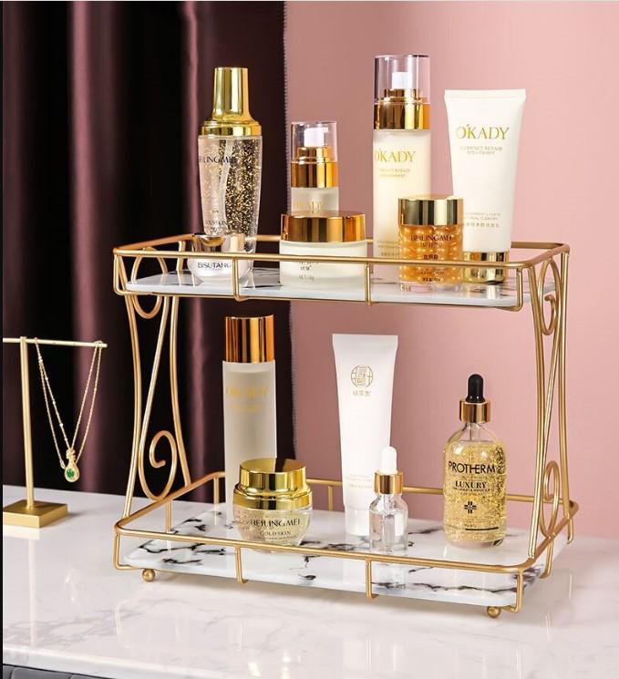 Golden Double Layer Makeup Rack with No-Leak Storage – Premium Cosmetic & Skincare Organizer