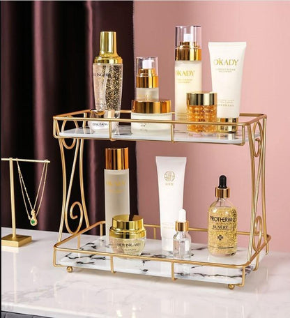 Golden Double Layer Makeup Rack with No-Leak Storage – Premium Cosmetic & Skincare Organizer
