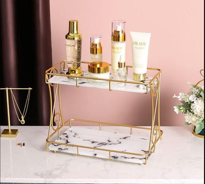 Golden Double Layer Makeup Rack with No-Leak Storage – Premium Cosmetic & Skincare Organizer