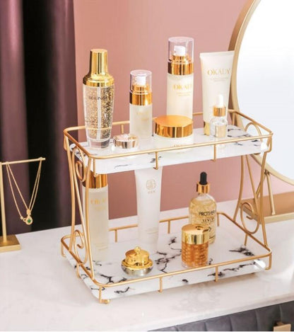 Golden Double Layer Makeup Rack with No-Leak Storage – Premium Cosmetic & Skincare Organizer