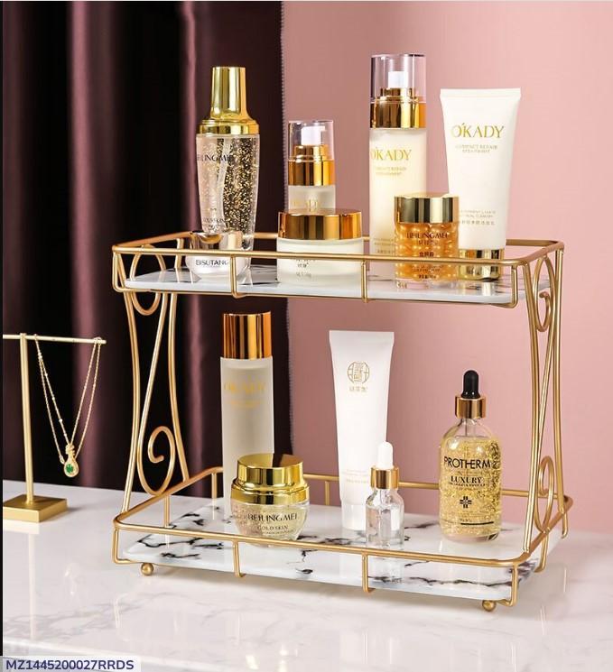 Golden Double Layer Makeup Rack with No-Leak Storage – Premium Cosmetic & Skincare Organizer