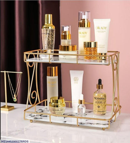Golden Double Layer Makeup Rack with No-Leak Storage – Premium Cosmetic & Skincare Organizer