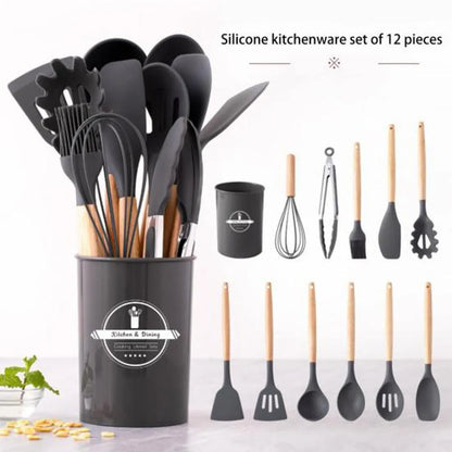 Silicone Kitchen Utensil Set 12 Pcs – Non-Stick Cooking Tools with Whisk, Ladle, Brush & Spatulas