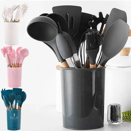 Silicone Kitchen Utensil Set 12 Pcs – Non-Stick Cooking Tools with Whisk, Ladle, Brush & Spatulas