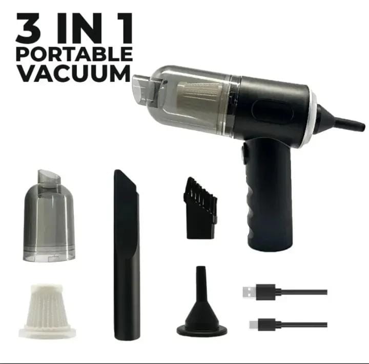 Portable 3-in-1 Car Vacuum Cleaner | USB Rechargeable | High Power Suction | Mini Handheld Vacuum for Car, Home & Office